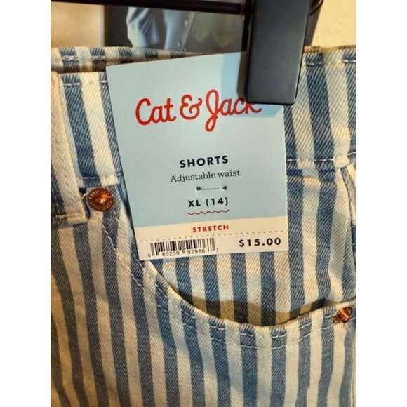 Girls Mid-Rise Wide Striped Jean Shorts - Cat & Jack™ Blue/White XL - Picture 3 of 3